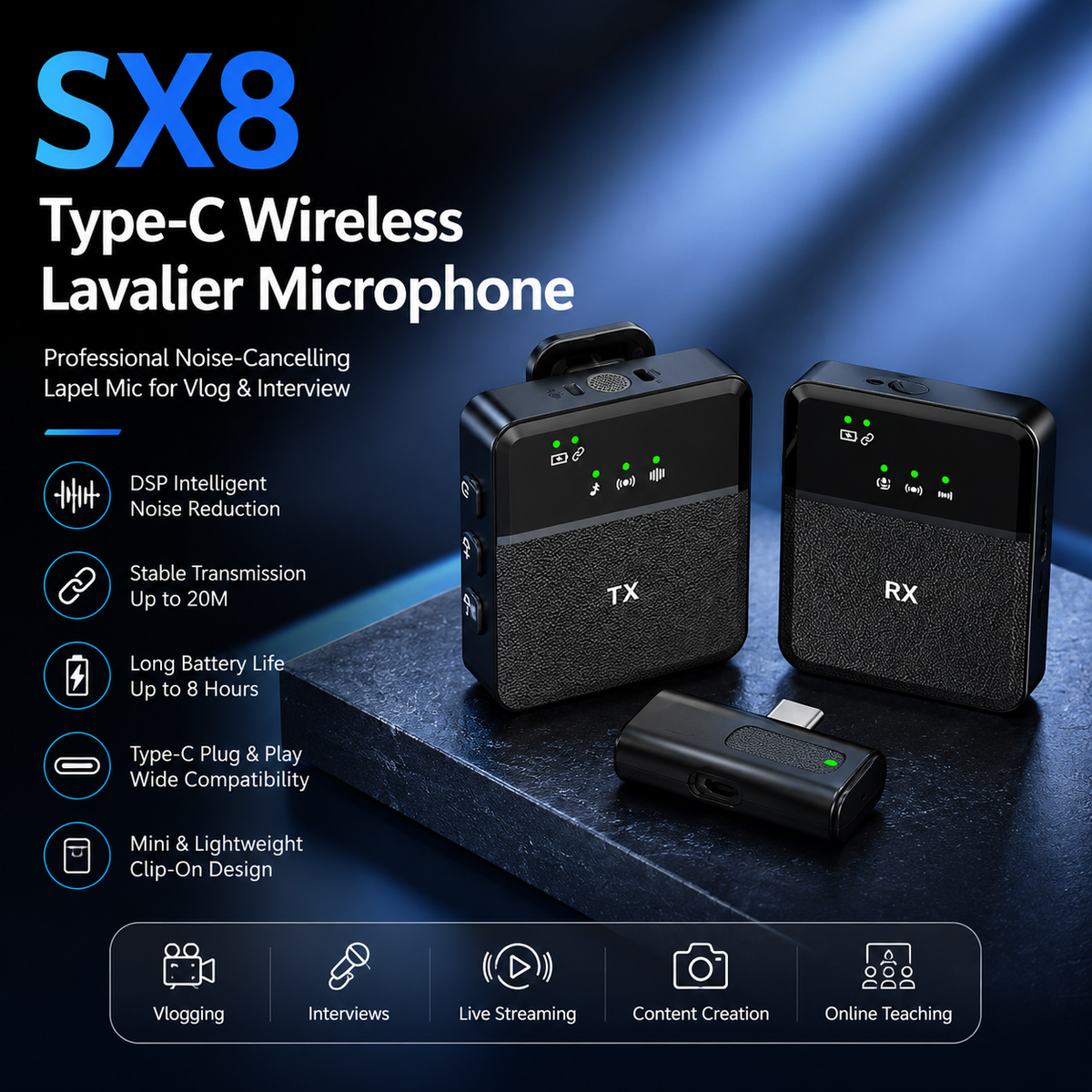 SX8 Type-C Wireless Lavalier Microphone | Professional Noise-Cancelling Lapel Mic for Vlog & Interview