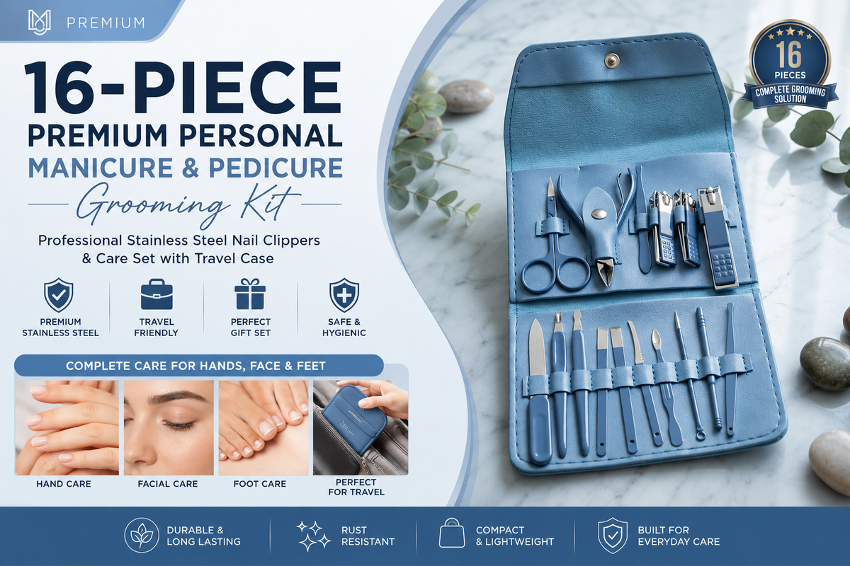 16-Piece Manicure & Pedicure Kit – Stainless Steel Grooming Set