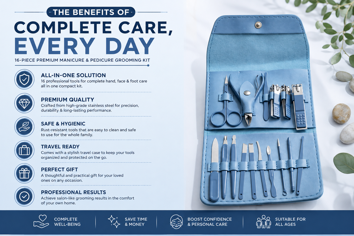 16-Piece Manicure & Pedicure Kit – Stainless Steel Grooming Set