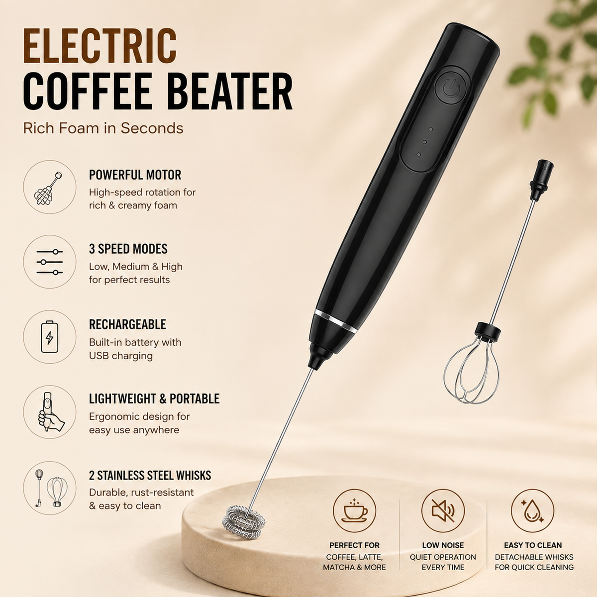 2-in-1 Electric Milk Frother & Egg Whisk – USB Rechargeable