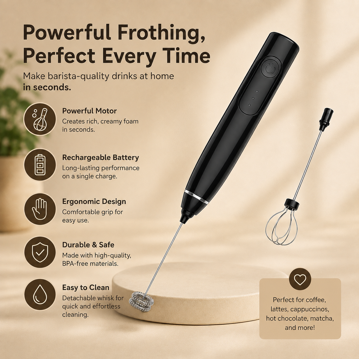 2-in-1 Electric Milk Frother & Egg Whisk – USB Rechargeable