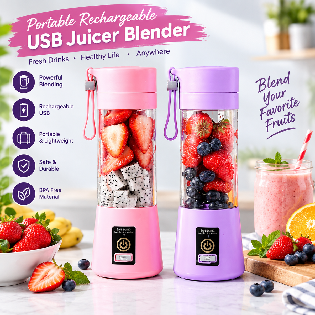 Portable USB Rechargeable Juicer Blender Bottle – Mini Electric Fruit Smoothie Maker