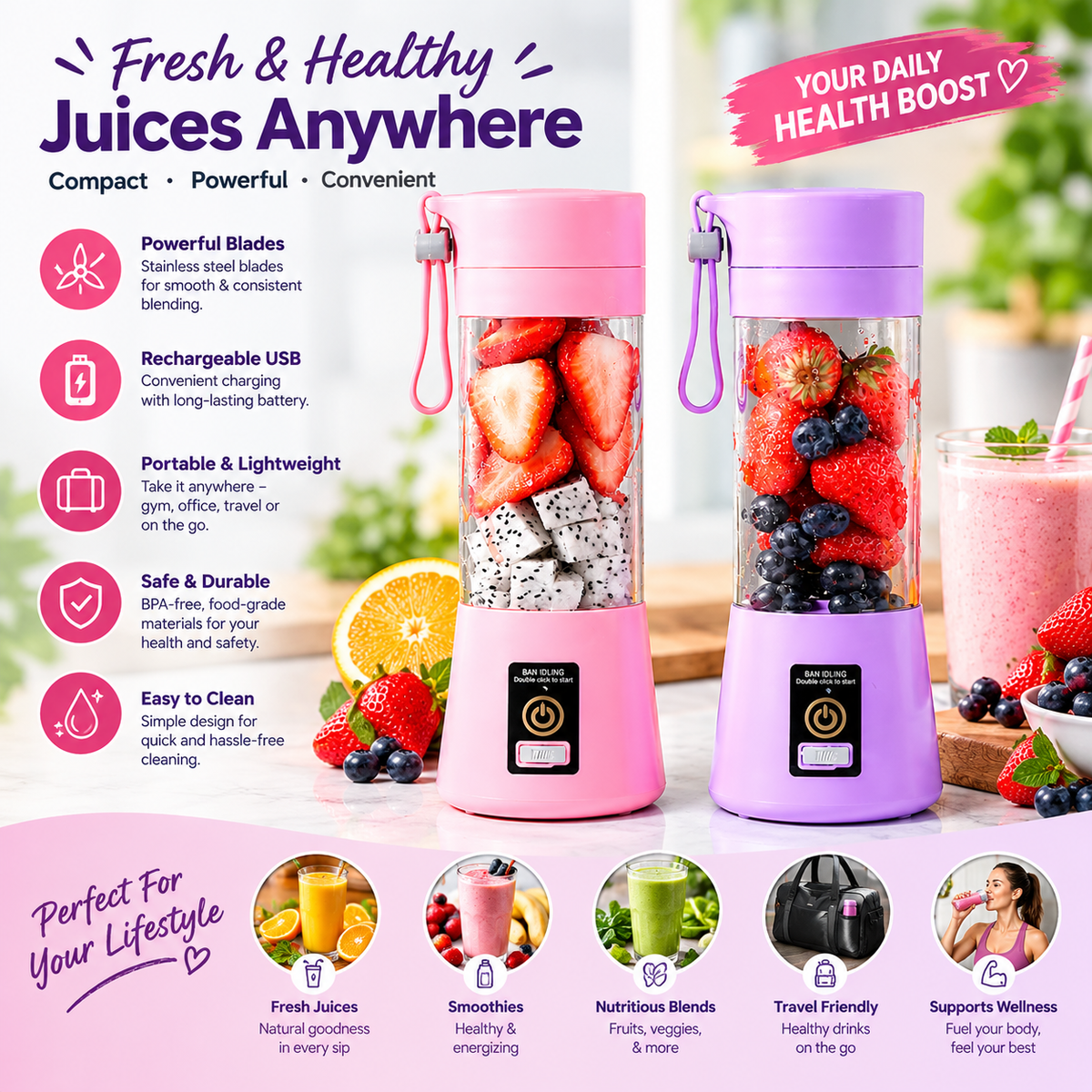 Portable USB Rechargeable Juicer Blender Bottle – Mini Electric Fruit Smoothie Maker