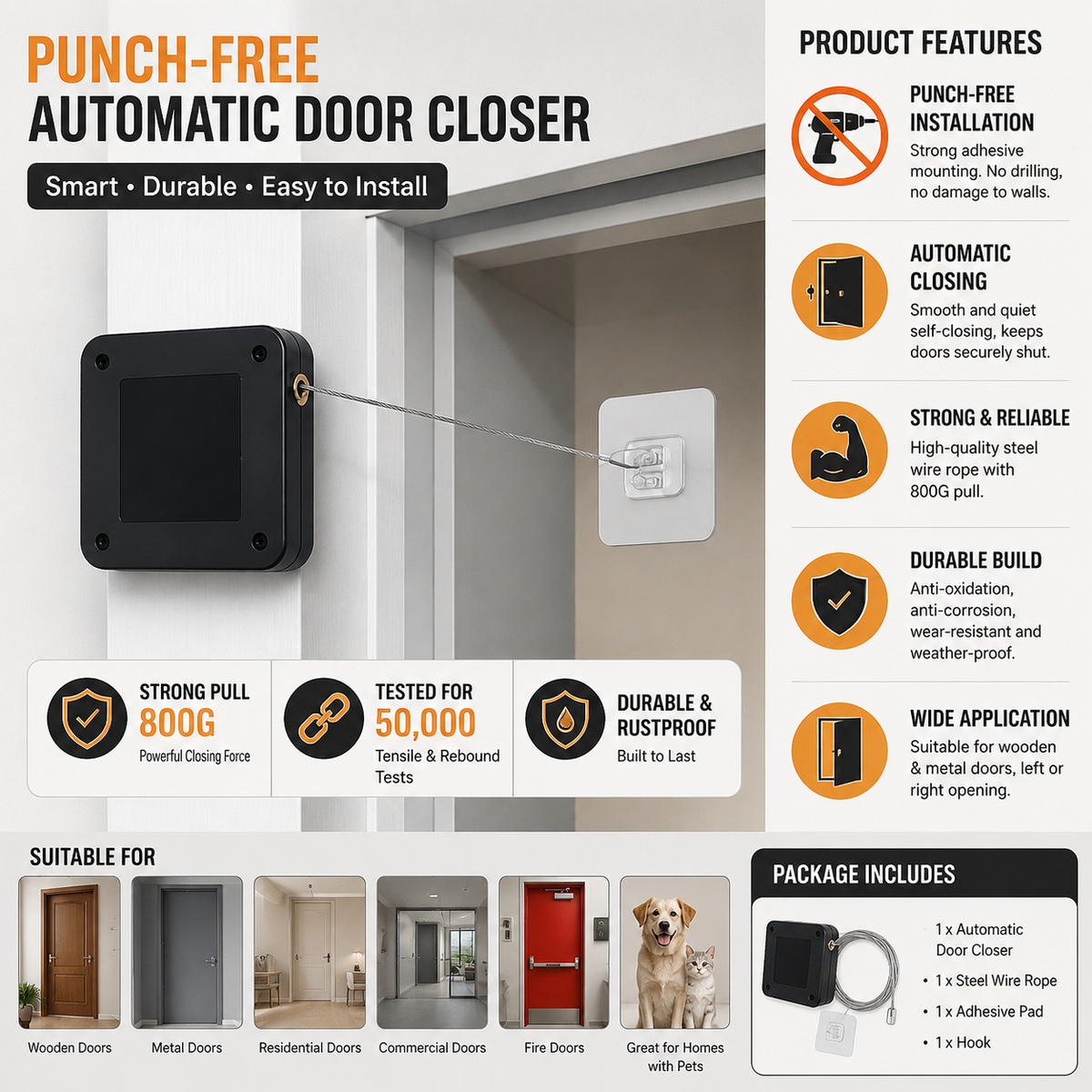 Punch-Free Automatic Door Closer | Heavy-Duty Self-Closing Door Device with Steel Wire Rope