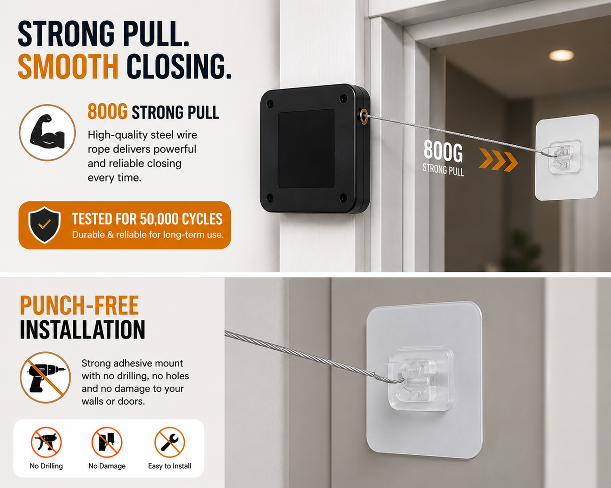 Punch-Free Automatic Door Closer | Heavy-Duty Self-Closing Door Device with Steel Wire Rope