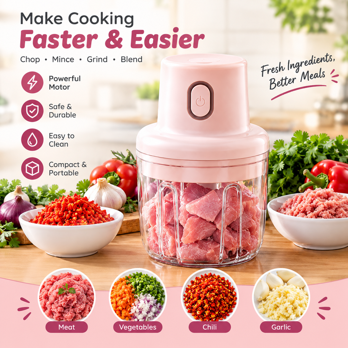 Mini USB Rechargeable Food Chopper 250ml – Vegetable, Garlic & Meat Grinder