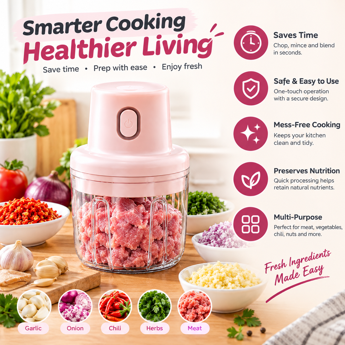 Mini USB Rechargeable Food Chopper 250ml – Vegetable, Garlic & Meat Grinder