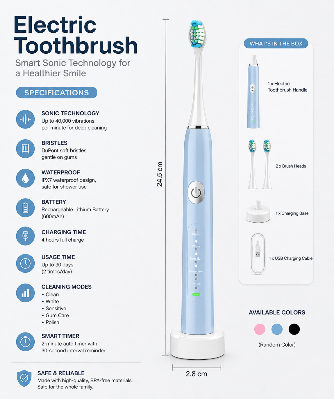 Rechargeable Sonic Electric Toothbrush | Deep Clean with Soft Bristles & 3 Brush Heads