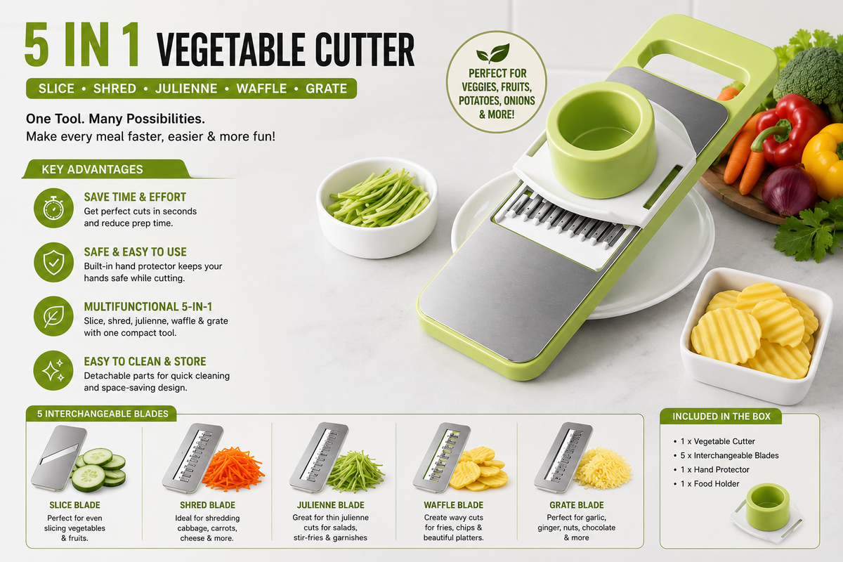5-in-1 Manual Food Grater & Slicer – Stainless Steel