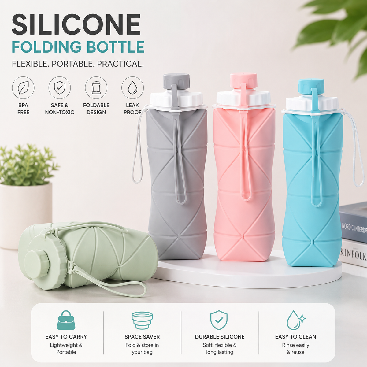 600ml Silicone Folding Water Bottle – Collapsible Travel Bottle