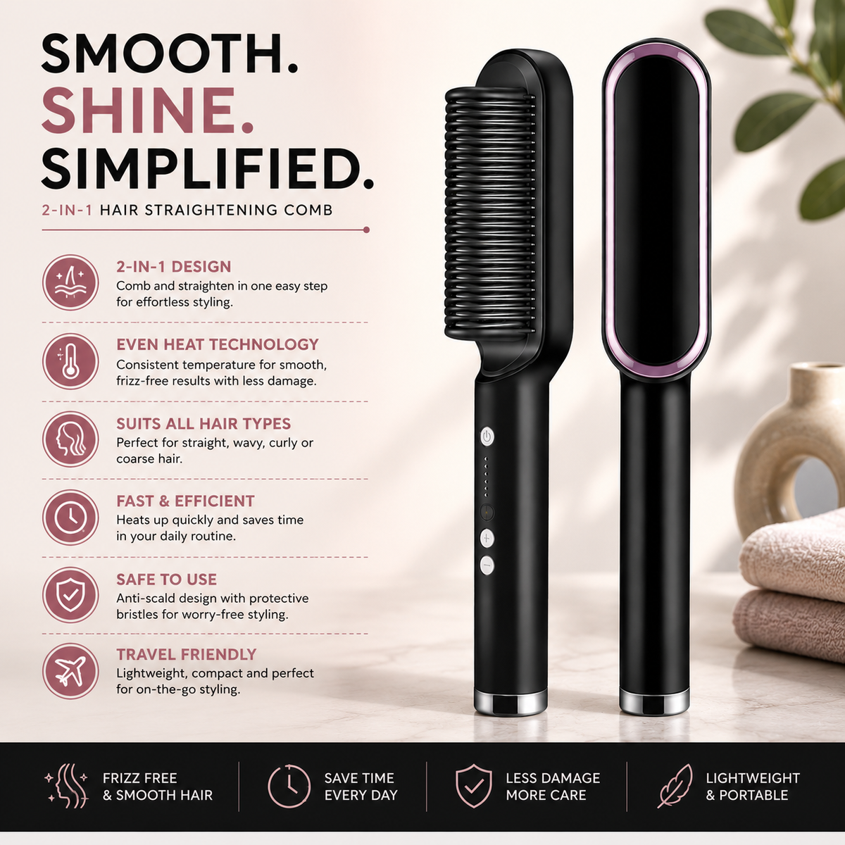 HQT-909B Hair Straightening Brush – Electric Ceramic Comb