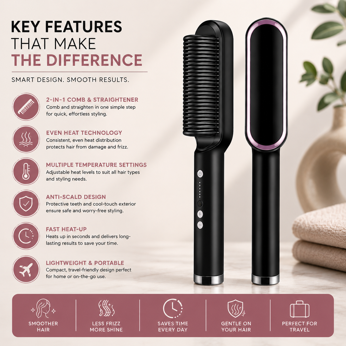 HQT-909B Hair Straightening Brush – Electric Ceramic Comb