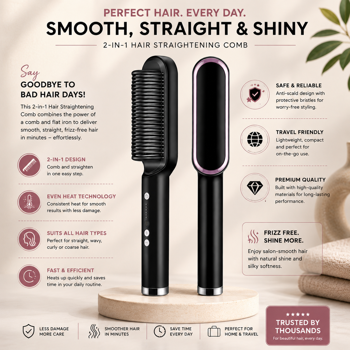 HQT-909B Hair Straightening Brush – Electric Ceramic Comb