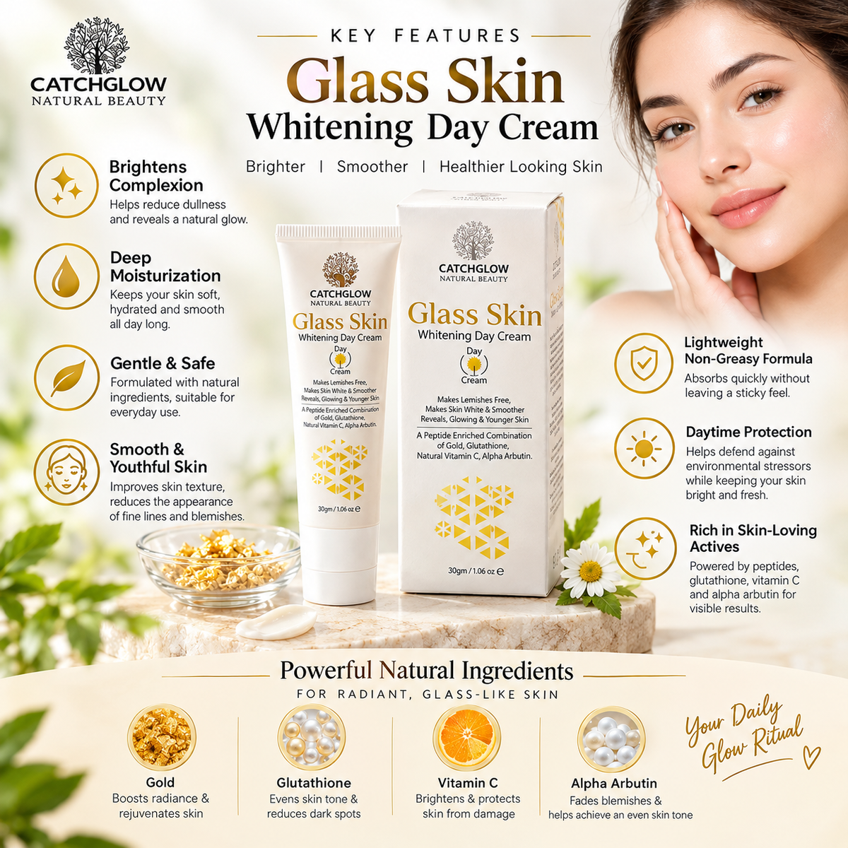 Catchglow Natural Beauty Glass Skin Day Cream 30g – Radiance & Hydrating Skincare